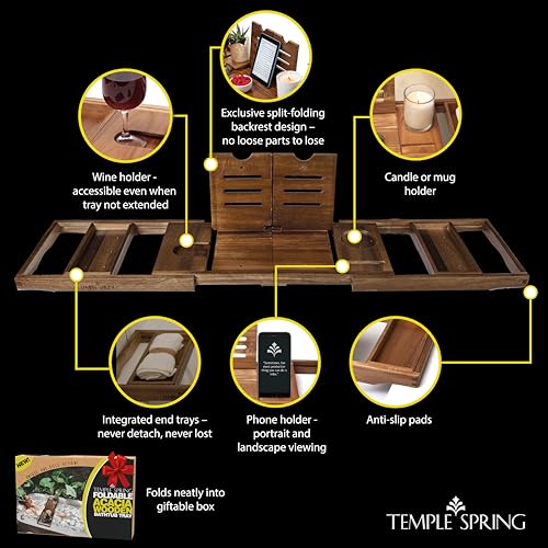 Foldable Bathtub Tray, Unique Design Selfcare Bathroom Caddy, Acacia Spa Bathroom Tray, Wooden Bathtub Accessories, Wedding Gift/Birthday Gift/New Home Bath Table – Not Teak - color: Foldable Acacia