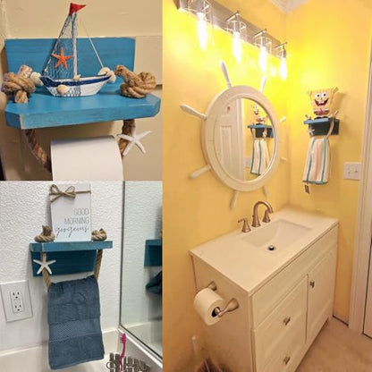 Nautical Rope Toilet Paper Holder Beach Farmhouse Bathroom Decor | Pre-Assembled Wall Mounted Coastal Ocean Starfish Rope Towel Rack Unique Tissue Roll Holder with Wood Shelf Blue - color: Rustic Sea Blue