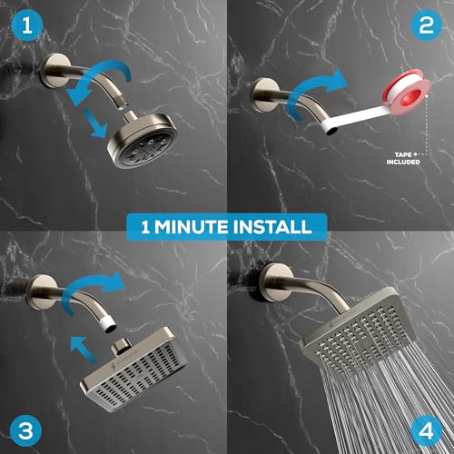 SparkPod Rain Shower Head, 8 Inch Square, Elegant Brushed Nickel Finish | High Pressure Shower Heads, 90 Nozzles, Adjustable Showerhead, No Tools Needed, Universal Connection - color: Elegant Brushed Nickel, style: 8 Inch Square