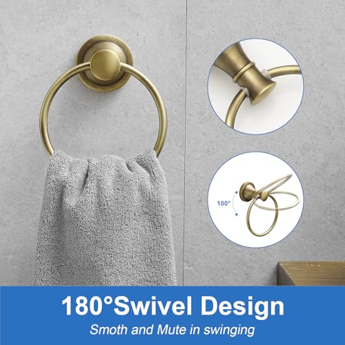 RUMOSE Pivoting Toilet Paper Holder and Hand Towel Ring, Antique Brass | Wall Mount, Bathroom Hardware Accessories 2 PCS Set, Toilet Tissue Roll Holder & Towel Hanger, Rustproof, Stainless Steel - color: Antique Brass