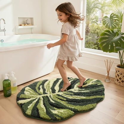 LUMI Cute Bathroom Rug Green Leaf, Absorbent Non Slip Bath Mat, 24"x32" | Dark Monstera Plant, Soft Plush Microfiber, Quick Dry, Washable for Shower Floor, Sink Bathtub, Bedroom, Kids Room - color: Dark Monstera