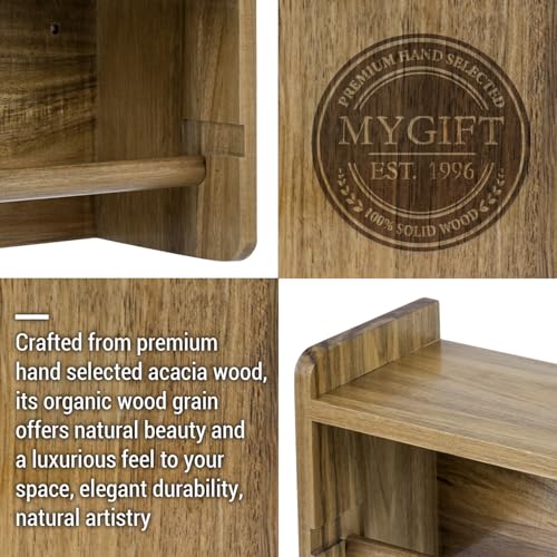 MyGift Acacia Wood Paper Towel Holder with Shelf, Wall Mounted Rack | Top shelf stores spices, oils, and kitchen essentials while the lower bar provides convenient roll access to save space - color: Premium Acacia Wood