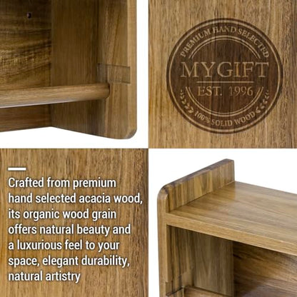 MyGift Acacia Wood Paper Towel Holder with Shelf, Wall Mounted Rack | Top shelf stores spices, oils, and kitchen essentials while the lower bar provides convenient roll access to save space - color: Premium Acacia Wood