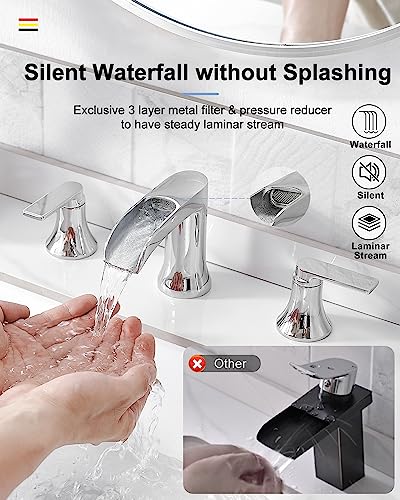 Chrome Bathroom Faucet, 2 Handles Brass Widespread Waterfall Faucet for Bathroom Sink, 4-10 Inch Sink Faucet Bathroom 3 Hole, Farmhouse RV Restroom Vanity Faucet with Pop Up Drain & Water Hoses - color: Chrome, style: WITH Pop Up Drain