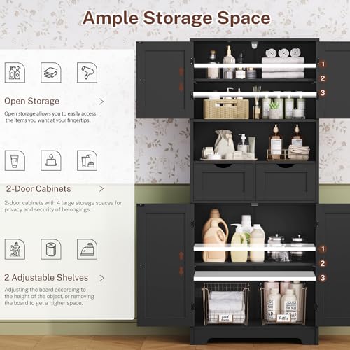 Iwell 57.8" H Tall Storage Cabinet with 2 Drawers & 2 Adjustable Shelves, Kitchen Cabinet with 4 Doors, Tall Cabinet for Living Room, Dining Room, Entryway, Black - color: Black-4 Shelves