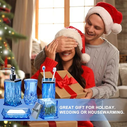 Blue Bathroom Accessories, Square Thick Glass & Metal Pump | Beautiful & weight, 5 pcs soap dispenser, toothbrush holder, soap dish, tumbler & jar, for mission/amish style - style: Square(Blue)