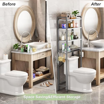 Kalrin Over-The-Toilet Storage Rack, 4-Tier Bathroom Organizer Shelf Over Toilet with Adjustable Shelf and Basket, Freestanding Space Saver Bathroom Shelves Above Toilet for Room (Gray- White) - color: Gray- White