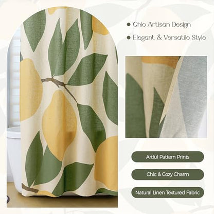 Lemons in Full Bloom Linen Shower Curtain Set with Liner,72" Wx72 L | Double Layer Shower Curtain Waterproof Fabric with Zippered Removable PEVA Liner,Boho Shower Curtain for Bathroom,Free Hooks - color: Lemon
