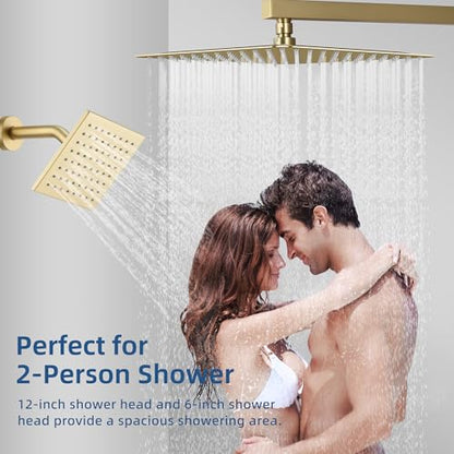 Thermostatic Dual Shower System, Rain Shower Faucet, Brushed Gold | 12 Inch Shower Head, 6 Inch Wall Mount Head, High Pressure Handheld Sprayer, Push Button Valve - color: Brushed Gold