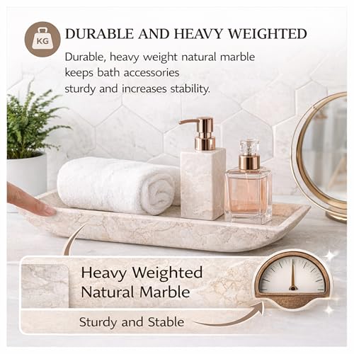 Creative Home Natural Champagne Marble Rectangular Vanity Tray Towel Tray Boat Shaped Tray Bathroom Accessories Organizer for Bathroom Countertop, Kitchen Sink, Jewelry, 16.5" x 6.3" x 1.5" H, Beige - size: 16.5" x 6.3" x 1.5", style: Boat Shaped Tray