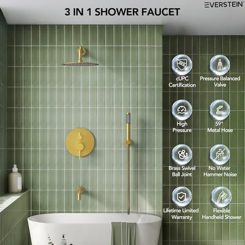 10" High-Pressure Rainfall Shower System with Handheld Spray, Wall Mount Bathroom Shower Faucet Set with Tub Spout, Brushed Gold (Valve Included) - color: Brushed Gold, style: With Tub Spout