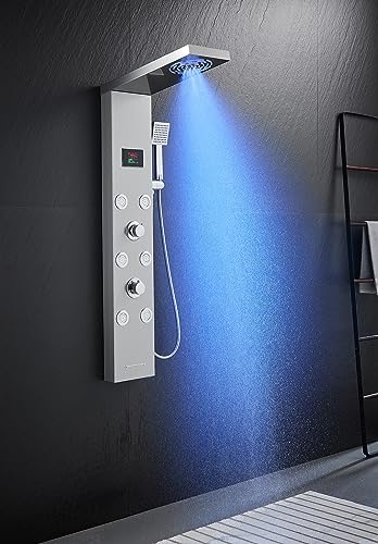 Stainless Steel Shower Panel Tower System with LED lights(No battery need), Hydroelectric LED Rainfall Shower Tower System with 6 Pcs Body Jets, Brushed Nickel - color: Brushed Nickel - 6 Body Jets