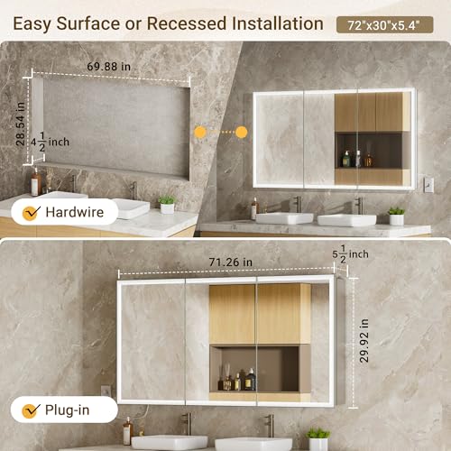 72x30 LED Medicine Cabinet Mirror with Double Lights-Front & Backlit, 155°Soft-close Hinge, Surface or Recessed Dimmable Lighted Medicine Cabinet Mirror with Clock Outlet Inner Light,Anti-fog - size: 72x30'' (Cabinet)