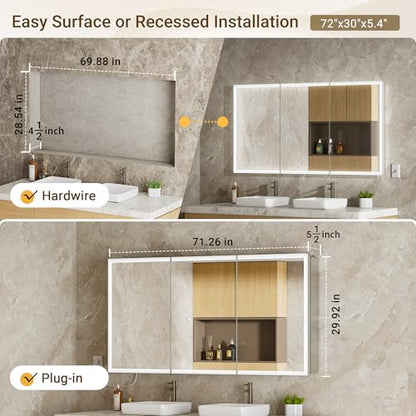 72x30 LED Medicine Cabinet Mirror with Double Lights-Front & Backlit, 155°Soft-close Hinge, Surface or Recessed Dimmable Lighted Medicine Cabinet Mirror with Clock Outlet Inner Light,Anti-fog - size: 72x30'' (Cabinet)