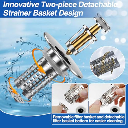 Bathroom Sink Drain Strainer(New-2pcs), Pop-up Sink Drain Strainer with Removable Stainless Steel Strainer Basket Hair Catcher, Bathroom Sink Strainer for Bathroom Sink Stopper Replacement - color: New-2pcs