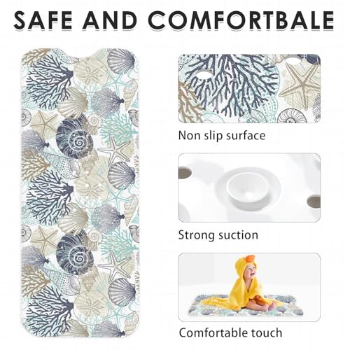Bath Mat for Tub, Cute Seashells, 40 X 16 Inch, for Bathtub | Ocean Starfish Beach Extra Long Tub with Suction Cups and Drain Holes for Kid Adult Elderly - color: Seashells