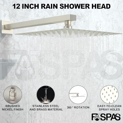 Brushed Nickel Shower System with 12-Inch Rain Showerhead and Handheld | Innovative air-injection technology for low pressure, high-flow rate up to 3.22 GPM ensuring powerful consistent stream - color: Brushed Nickel, style: 12"-Without Tub Spout