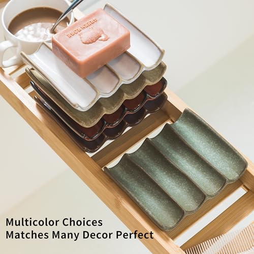 Draining Ceramic Soap Dish - Fluted Design, Bar Soap Holder for Shower & Bathroom, Soap Saver Sponge Lift, Green - color: Green, size: Fluted