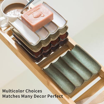 Draining Ceramic Soap Dish - Fluted Design, Bar Soap Holder for Shower & Bathroom, Soap Saver Sponge Lift, Green - color: Green, size: Fluted