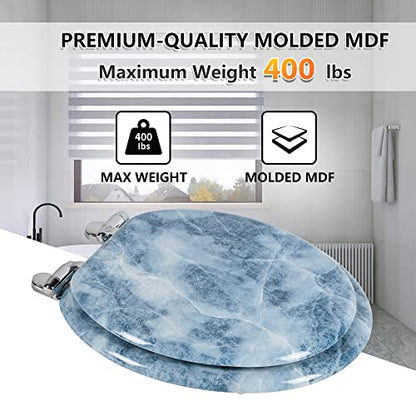 Angol Shiold ROUND Toilet Seat Molded Wood (Blue Marble) | Quiet Close Quick Release Metal Hinges, Adjustable Fit for Standard Round Toilets, Easy to Install&Clean - color: Blue Marble, size: Round-16.5“