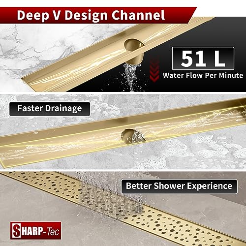 Sharp-tec 48 inch Linear Shower Drain, Golden Linear Drain with cUPC Certification, 304 Stainless Steel Shower Drain Easy to Install and Clean for Bathroom Shower Room, ST-099-48G - color: Gold, size: 48 inch