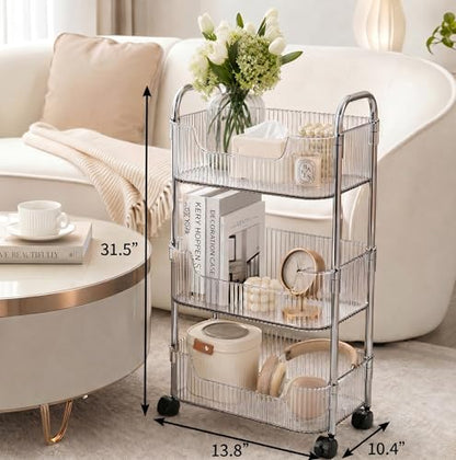 3 Tier Rolling Cart with Wheels, Clear Plastic Storage Cart with Stainless Steel Frame, Slim Narrow Organizer for Bathroom, Kitchen, Laundry Room, Vanity, Dorm, Easy Assembly
