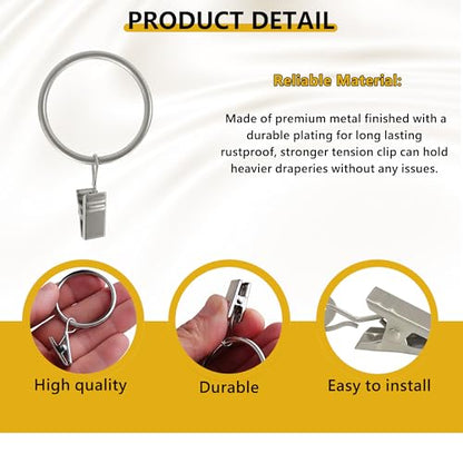 Curtain Rings with Hooks Set - Heavy Duty Metal Drapery Hooks & Eyelet Rings for Window, Shower, Door - Rustproof & Smooth Gliding Curtain Rod Ring, 5/8 to 3/4 Inch Internal Diameter 14 Pack - color: Silver