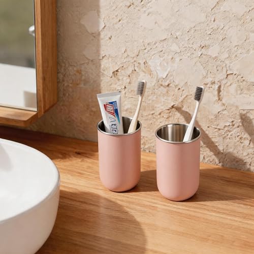 Unbreakable Stainless Steel Toothbrush Holder Tumbler Cup for Bathroom 13oz | Reusable Kids Bathroom Tumbler Cup & Tooth Brush Holder, Countertop Toothpaste Organizer Storage Set, Pink 2 Pack - color: Pink