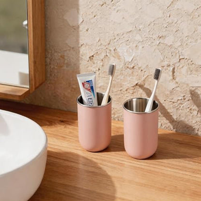Unbreakable Stainless Steel Toothbrush Holder Tumbler Cup for Bathroom 13oz | Reusable Kids Bathroom Tumbler Cup & Tooth Brush Holder, Countertop Toothpaste Organizer Storage Set, Pink 2 Pack - color: Pink