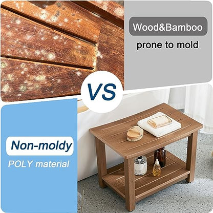 Heavy Duty HDPS Shower Bench Seat Waterproof Shower Stool with Storage | Bath Chair Seat with Adjustable Feet, Anti-Rotting, No-Slip, Space-Save, No Maintenance, 700LBS Load Capacity, Brown - color: Brown, size: L (21.3*14*17.3'')