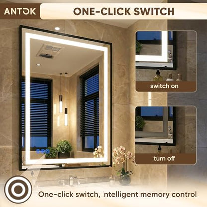 Antok 48X32 LED Bathroom Mirror with Lights, Vanity Mirror for Wall with Black Frame, Touch Control, Anti-Fog, Dimmable Lights, Shatter-Proof, Memory Function, Wall-Mounted Vanity Mirrors - size: 48"L x 32"W