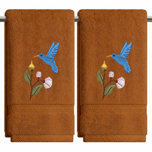 Artoid Mode 2 Pcs Caramel Bird Floral Embroidered Hand Towels for Bathroom, 100% Cotton Soft Absorbent Farmhouse Decor Towels, 13.7 x 29.5 Inch - color: Caramel, size: 13.7" x 29.5", 2PCS