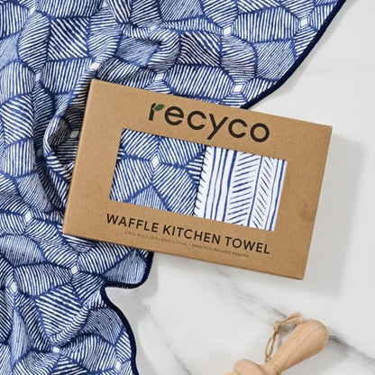 RECYCO Waffle Kitchen Towel Set of 2 - Quick Dry Microfiber Sustainable Dish Towels - Ultra Absorbent Reusable Cleaning Tea Towels - Lightweight Hand Towels,16”x 28”, Indigo Harmony - color: Indigo Harmony