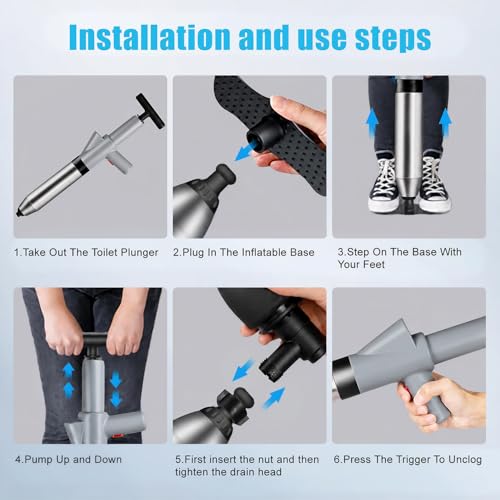 Fast Toilet Plunger High Pressure with Storage Bag, Heavy Duty Air Drain Blaster & Unclogger Tool, Clog Remover Kit & Toilet Snake Alternative for Bathroom, Toilets, Sinks, Tubs, Pipes (Gray) - size: Toilet plunger-Gray