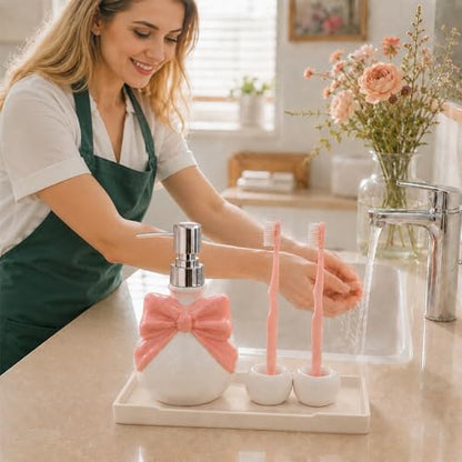 Pink Bathroom Accessories Ceramic Pink Bow Bathroom Set for Bathroom Vanity - Includes Tray, Soap Pump, Toothbrush Holder - color: Pink