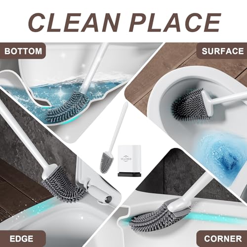 Silicone Toilet Brush, Ventilation Slots Holder 1 Pack Pearl White | Flexible Bristles Flat Head for Rim, Hair Tangle-Free, Easy to Clean, Compact Design, Rustproof Handle, for Toilet/Sink/Tub - color: White