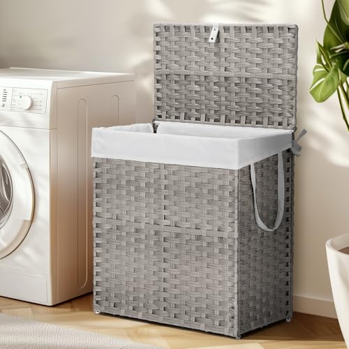 DUMOS Wicker Laundry Basket with Lid, 110L Woven Laundry Hamper with Handles, Foldable Rattan Clothes Hamper with Removable Liner & Sturdy Steel Frame, Dove Gray - color: Dove Gray, size: 110L