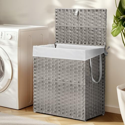 DUMOS Wicker Laundry Basket with Lid, 110L Woven Laundry Hamper with Handles, Foldable Rattan Clothes Hamper with Removable Liner & Sturdy Steel Frame, Dove Gray - color: Dove Gray, size: 110L