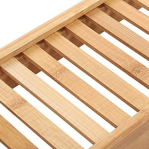 Bathtub Tray — Bath Storage Rack with Wine Glass Holder for Tub Accessories, Snacks, and Book, 27.3 Inch Length, Natural Wood Finish