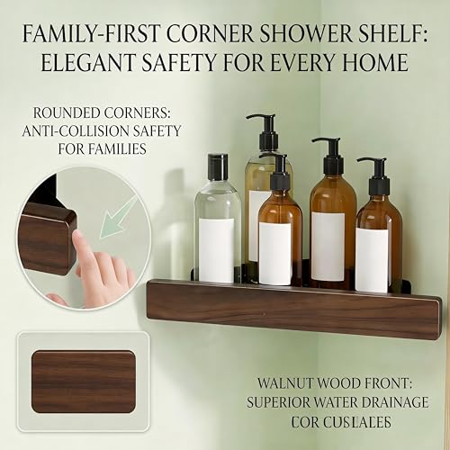 Corner Shelf 1 Pack, Solid Wood Triangle Wall Mounted Shelf, Adhesive or Screws, No Drill or Permanent Mount, Shower Storage for Bathroom Kitchen, Rust Proof BPA Free
