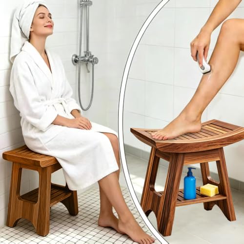 16" Compact Teak Shower Bench Teak Shower Stool Seat Chair with Storage Shelf