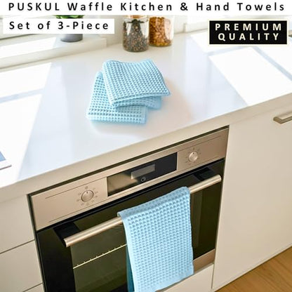 PÜSKÜL Natural 100% Turkish Cotton Waffle Kitchen and Hand Towels, 3-Piece | Turquoise, 32x16" Large, Premium 3D Honeycomb Weave Soft Absorbent Quick-Dry Lint-Free Dish Towel, Oeko-Tex Made in Turkey - color: Turquoise, size: Kitchen & Hand Towels Pack of