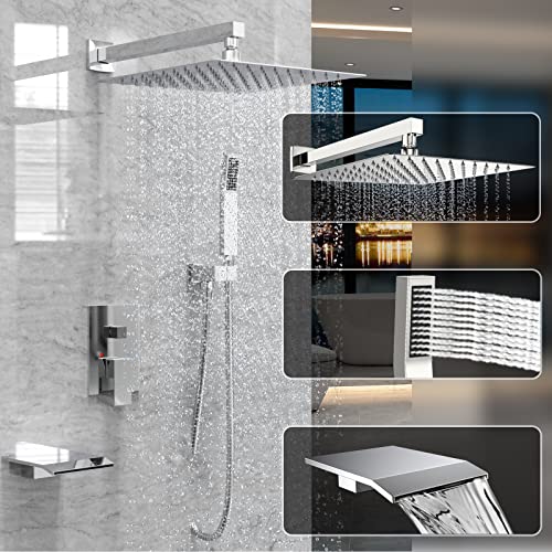Chrome Shower System Rain Faucet Set with Tub Spout, 10 inch | All-Metal Wall Mounted Bathroom Shower Faucet Set with Safe Pressure Balance Valve, Water Saving High Pressure Rainfall Head - color: Polished Chrome, style: 10in with Tub spout