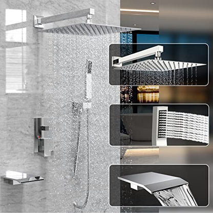 Chrome Shower System Rain Faucet Set with Tub Spout, 10 inch | All-Metal Wall Mounted Bathroom Shower Faucet Set with Safe Pressure Balance Valve, Water Saving High Pressure Rainfall Head - color: Polished Chrome, style: 10in with Tub spout
