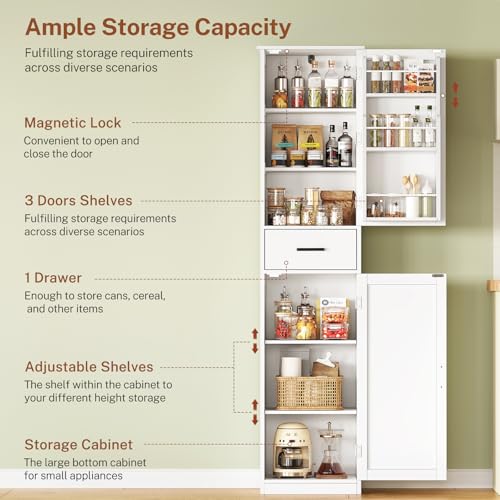 Tall Storage Cabinet with 3 Door Shelves & 1 Drawer, Narrow Kitchen Pantry Cabinet for Living Room, Bathroom, Entryway, White - color: White