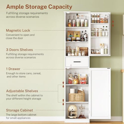 Tall Storage Cabinet with 3 Door Shelves & 1 Drawer, Narrow Kitchen Pantry Cabinet for Living Room, Bathroom, Entryway, White - color: White