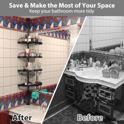 Shower Caddy,Shower Caddy Tension Pole with 4 ABS Baskets,Shower Storage Shelf with 56 to 125 Inch Adjustable Stainless Pole for Bathroom Black - color: Black