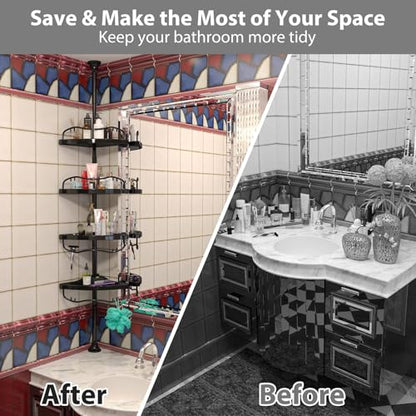 Shower Caddy,Shower Caddy Tension Pole with 4 ABS Baskets,Shower Storage Shelf with 56 to 125 Inch Adjustable Stainless Pole for Bathroom Black - color: Black