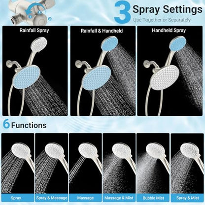 Dual Shower Head with Handheld Combo, 8.6" Rainfall Showerhead | 6 Settings Handheld Shower Head with Hose, Dual Shower System for Full Body Coverage and Easy Installation(Brushed Nickel) - color: Brushed Nickel