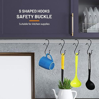 12 PCS S Hooks for Hanging with Safety Buckle, Heavy Duty Metal S Hooks | 3.5 inch S Shaped Hanger Hooks for Hanging Kitchen Utensil, Cups Pots Pan Closet Plants Purse Bags Hats (Black) - color: Black